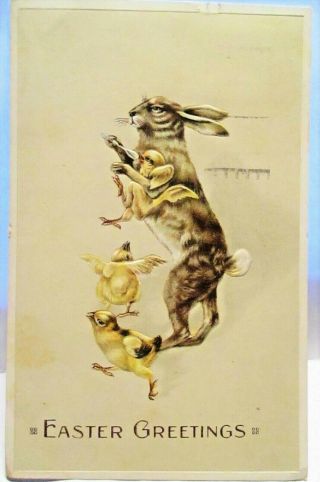 1917 Postcard Easter Greetings,  Standing Bunny Holding & Feed Chick