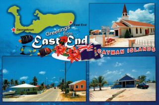 Greetings From East End,  Cayman Islands,  George Town,  Fish,  Church,  Map Postcard