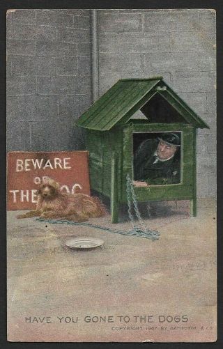 (111cents) Vintage Humour Postcard Beware Of The Dog