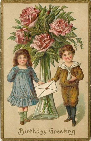 Victorian Boy & Girl Exaggerated Tall Pink Rose Bud Vase Gold Leaf Emboss Asb