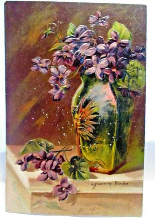 1910 Artist Signed Postcard Green Floral Vase Of Violets