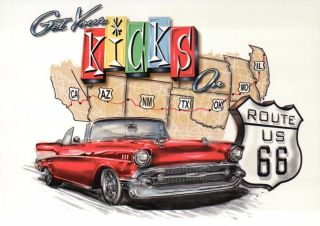 Get Your Kicks On Route 66,  Road Chicago To Los Angeles,  Oldtimer Car - Postcard