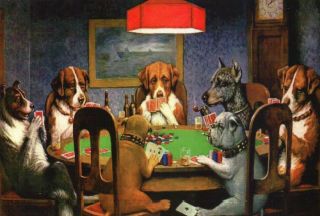 A Friend In Need - Dogs Playing Poker,  Card Game,  Chips Etc.  - - - Animal Postcard