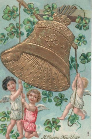 Vintage Embossed Year Greeting Postcard: Angels With Bell & Four Leaf Clover