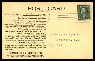 Mayfairstamps 1913 Minnesota Farmer Seed & Nursery Co Advertising Postcard Wwb48