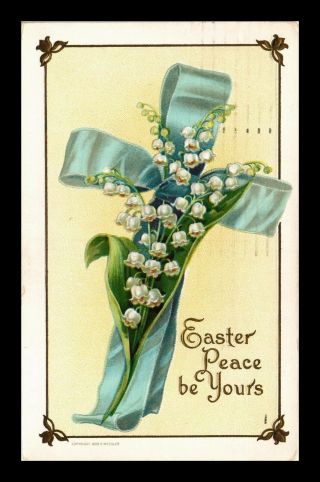 Dr Jim Stamps Us Ribbon Cross Lily Of Valley Easter Greeting Postcard Embossed