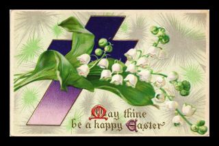 Us Embossed Postcard Easter Greetings Cross & Lily Of The Valley Flower W/ Gold