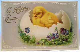 1910 Postcard A Happy Easter,  Chick In Cracked Egg