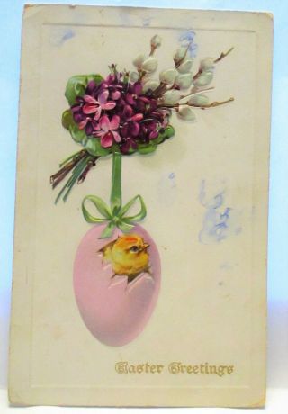 1910 Postcard Easter Greetings,  Chick In Pink Hanging Egg,  Pussy Willows