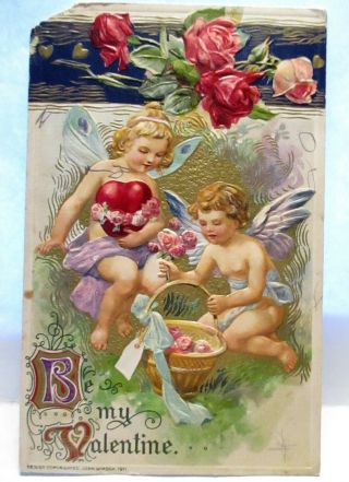 1911 John Winsch Postcard Be My Valentine,  2 Fairies With Heart & Roses