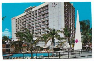 Vintage Florida Chrome Postcard Miami Beach Seville Hotel Clock And Pool