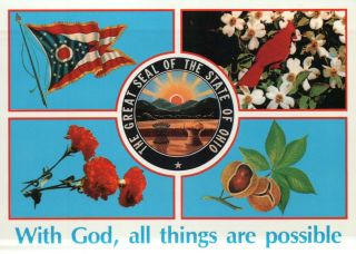 The Great Seal Of The State Of Ohio,  Flag,  Cardinal,  " With God.  " - Postcard