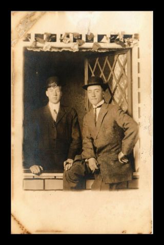 Dr Jim Stamps Us Two Young Men Window Real Photo Postcard Rex Studio Peoria