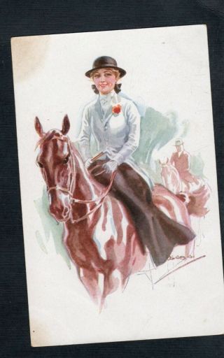 E673 Postcard Artist Signed Usabol Woman Riding Side Saddle On Great Horse