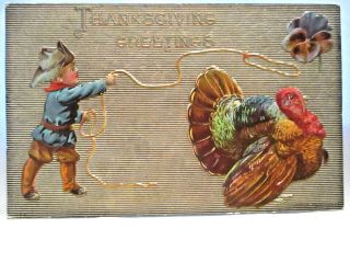1910 Postcard Thanksgiving Greetings,  Cowboy Roping A Turkey