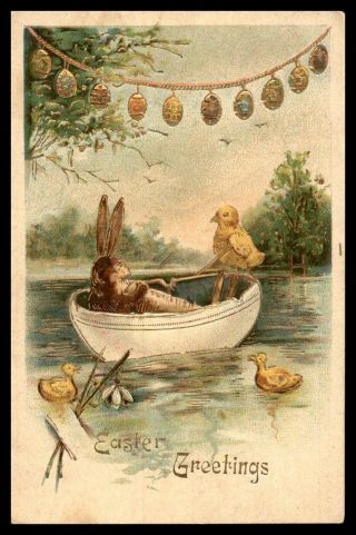 Mayfairstamps 1900s Easter Rabbit In Chick Boating In Egg Shell Embossed Postcar