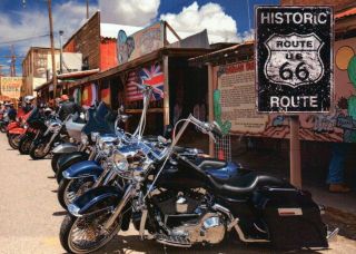 Motorcycles On Route 66,  Oatman Hotel Sign,  Arizona,  Flags Stores Etc - Postcard