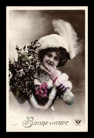 Dr Jim Stamps Happy Year Woman Flowers Real Photo Hand Colored Postcard