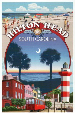 Hilton Head South Carolina Montage,  Lighthouse,  Streetcar Etc.  - Modern Postcard