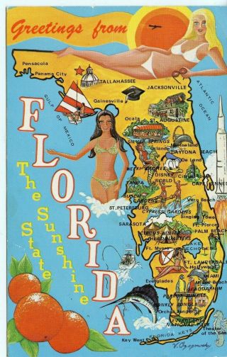 Postcard - Florida State Map With State Attractions,  Bikinis - Pmk 1974