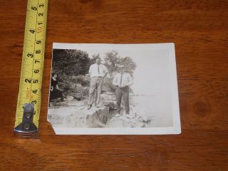 Postcard Real Photo Rppc Two Men Standing On Rocks Photobomb Lady On Left Side