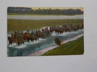 Wwi German Postcard Soldiers Horses Marching Through River Post Card Vtg Ww1