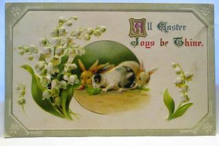 1913 Postcard All Easter Joys Be Thine,  3 Bunnies Eating Lettuce