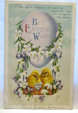 1910 Postcard Best Easter Wishes,  2 Chicks In Egg Hot Air Balloon