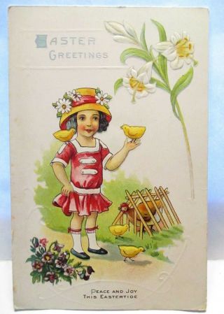 1910 Postcard Easter Greetings,  Girl Holding Chicks,  Chicken In Cage