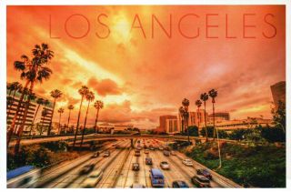 Los Angeles California,  Highway Car Traffic,  Sunset,  Palm Trees Modern Postcard