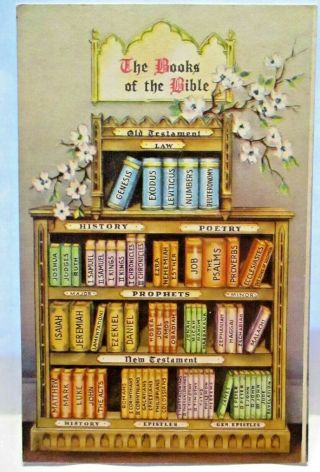1920s Postcard The Books Of The Bible On Bookshelf