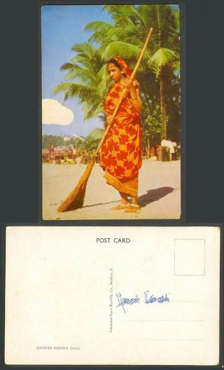 India Old Colour Postcard Sweeper Woman,  Native Lady Sweeping With A Long Broom