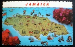 1960s Pictorial Map Of Jamaica,  Caribbean Island,  With 2 Jamaican Stamps