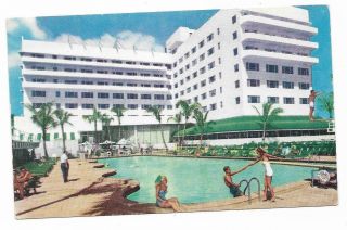 Vintage Florida Chrome Postcard Miami Beach Sans Souci Hotel Pool Cheesecakes