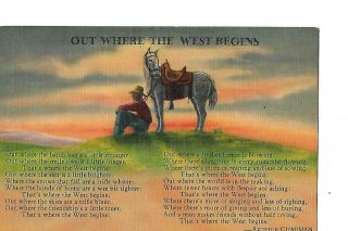 , Out Where The West Begins,  Poem Post Card,  1940 