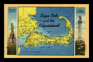 Us Linen Postcard Cape Cod And The Pilgrimland Map And Monuments Linen