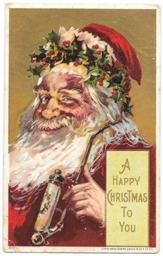 Christmas Santa With Holly Hat & Pipe Vintage Postcard 1908 Julius Bien Co,  N Y