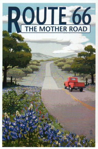 Route 66 The Mother Road,  Truck On Highway Wildflowers & Trees - Modern Postcard