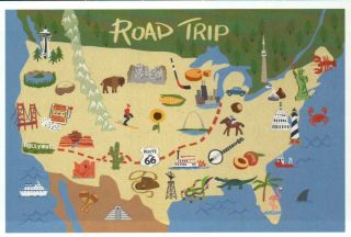 U.  S.  Road Trip Map,  Route 66,  Space Needle,  Hollywood Etc.  - - - Modern Postcard