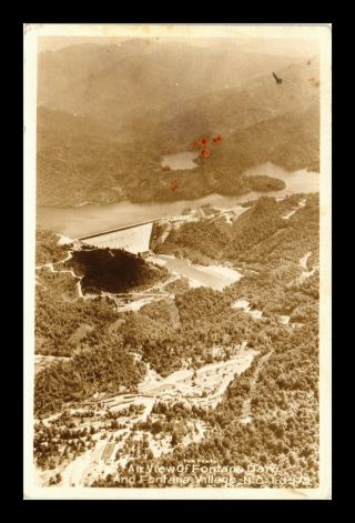Us Postcard Aerial View Fontana Dam And Village Rppc Stained