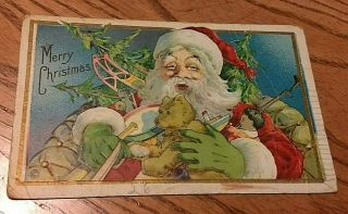 Antique Embossed Santa Claus With Teddy Bear Christmas Postcard