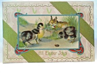 1910 Postcard All Easter Joys,  Black Baby Chicks,  Bunnies