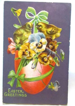 1910 Postcard Easter Greetings,  Baby Chicks On Hanging Red Egg,  Pansies