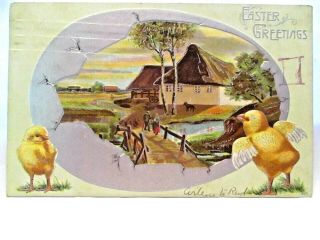 1910 Postcard Easter Greetings,  Baby Chicks And Country Scene In Silver Egg