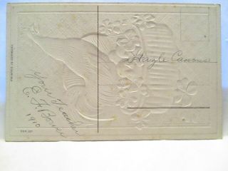 1910 POSTCARD EASTER GREETINGS,  ROOSTER ON BASKET OF COLORED EGGS & SHAMROCKS 2