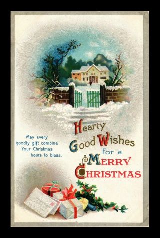 Us Postcard Christmas Greeting Snowy Scene & Gifts Embossed Metallic Gold