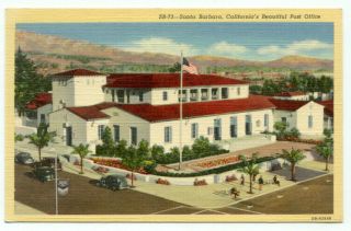 Santa Barbara Ca Post Office Linen Postcard - California