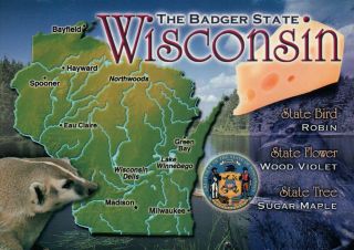 Wisconsin State Map,  Madison,  Milwaukee,  Green Bay,  Badger,  Wi,  Seal - - Postcard