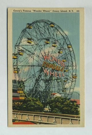 Coney Island Ny Wonder Ferris Wheel Amusement Park Linen Postcard Thrills Wz4119