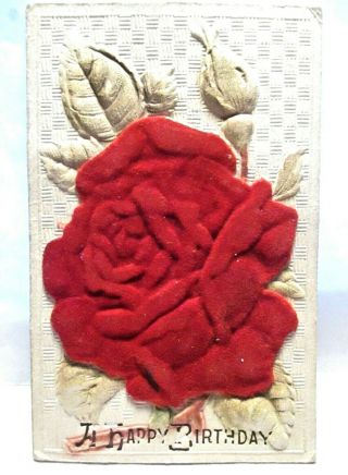 1910 Highly Embossed Postcard Happy Birthday With Large Red Velvet Rose